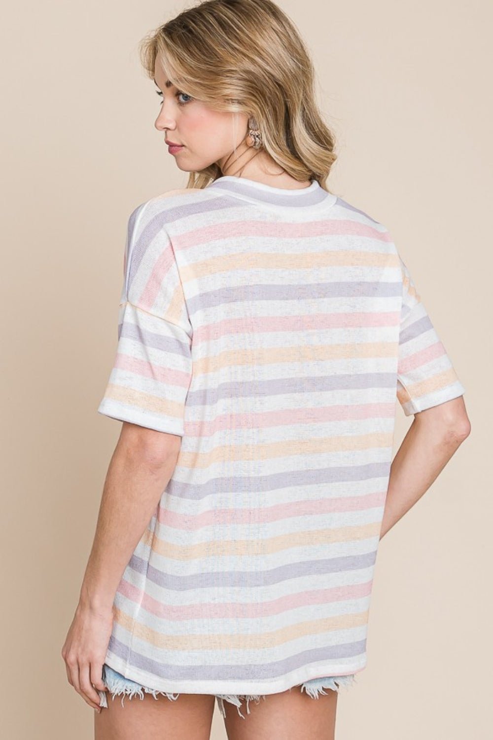 BOMBOM Striped V - Neck Short Sleeve T - Shirt - Jaazi Intl