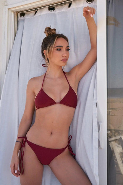 Burgundy Triangle Shape Self - Tie Neck And Back Straps Top & Self - Tie Sides Bikini Bottom Two - Piece Swimsuit - Jaazi Intl