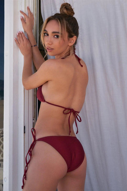 Burgundy Triangle Shape Self - Tie Neck And Back Straps Top & Self - Tie Sides Bikini Bottom Two - Piece Swimsuit - Jaazi Intl