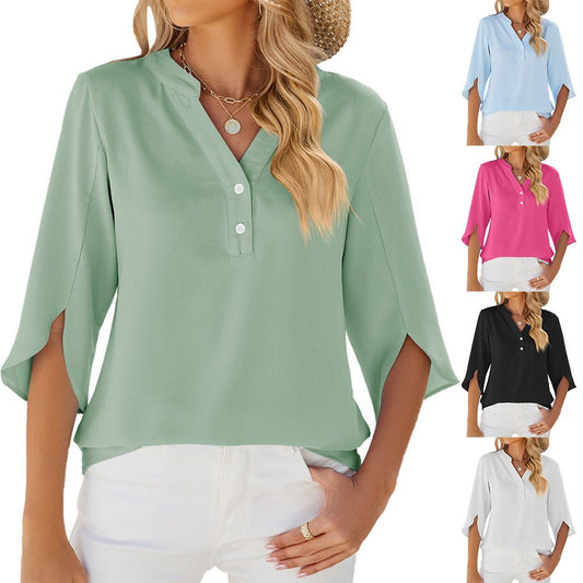 Button V-neck Mid-sleeve Chiffon Shirt Solid Color Top Womens Clothing - Jaazi Intl