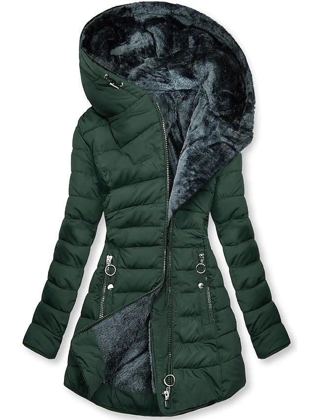 Women's Plush Hooded Mid-length Oblique Zipper Cotton-padded Coat