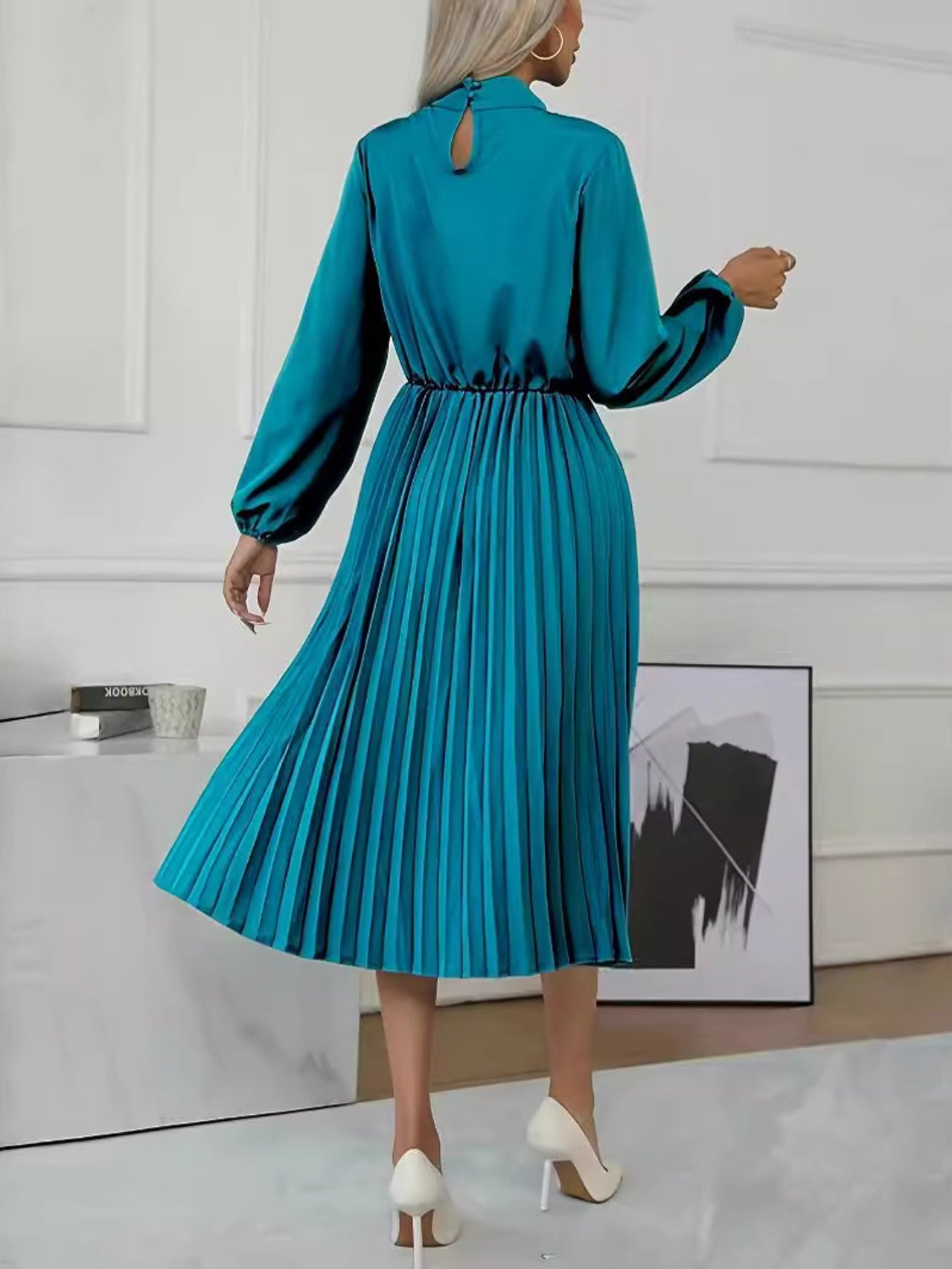 Mock Neck Long Sleeve Pleated Dress