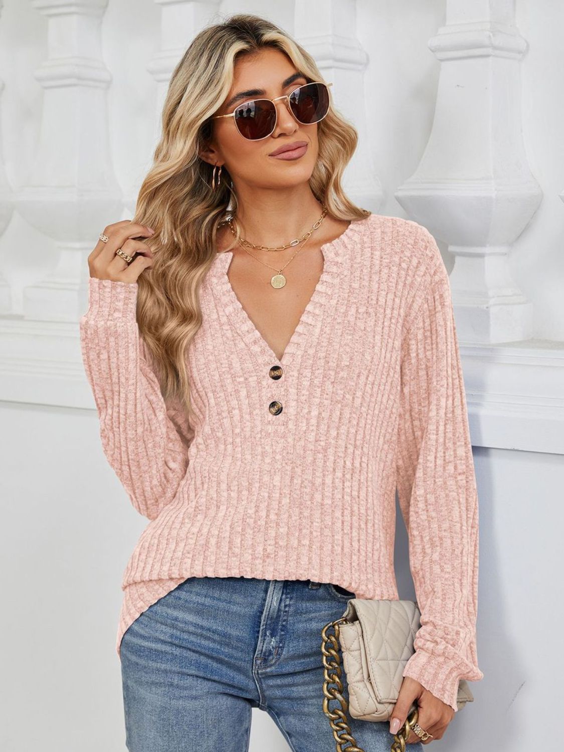 Ribbed Notched Long Sleeve T-Shirt