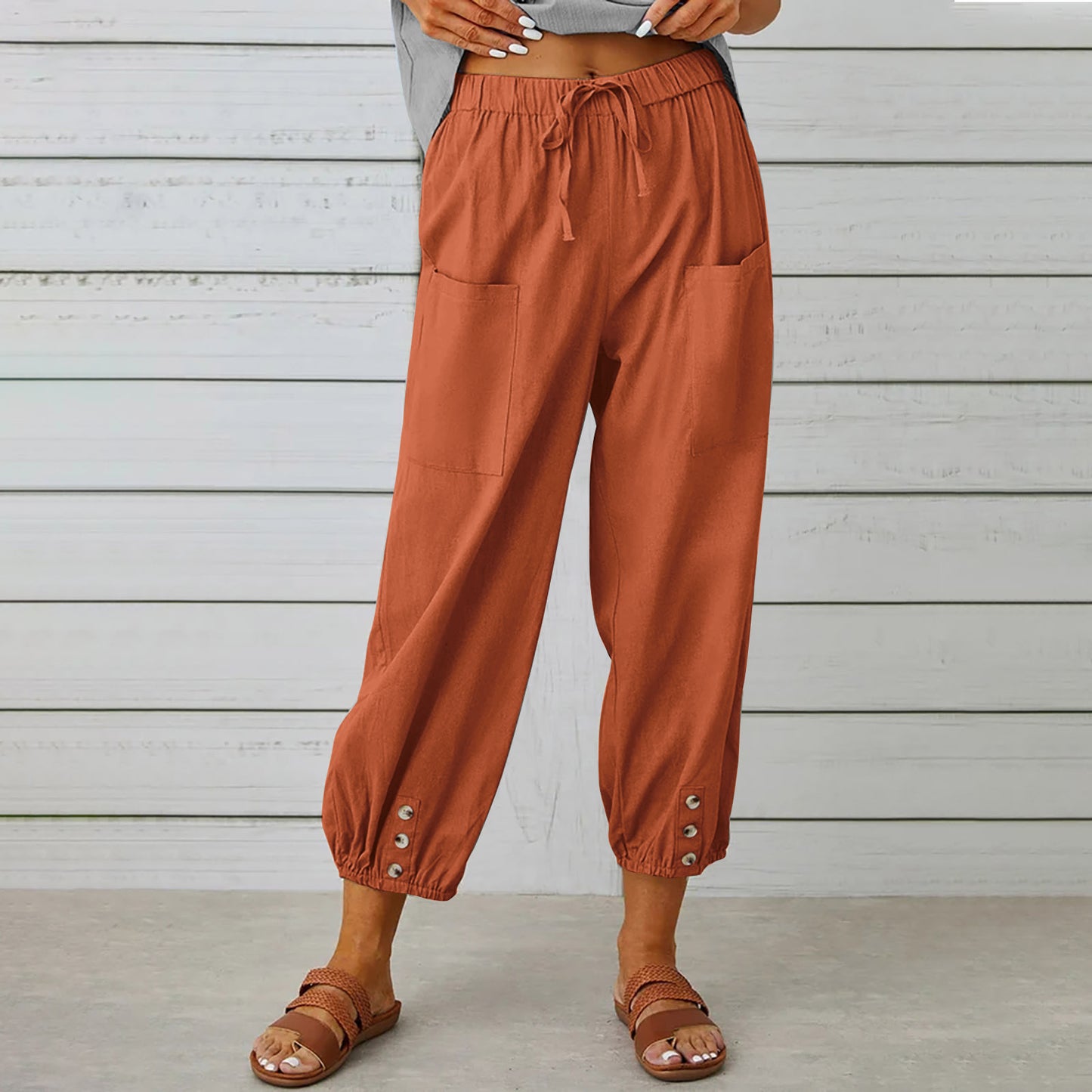 Women Drawstring Tie Pants Spring Summer Cotton And Linen Trousers With Pockets Button