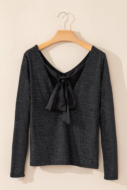 Bowknot V-Neck Long Sleeve Blouse