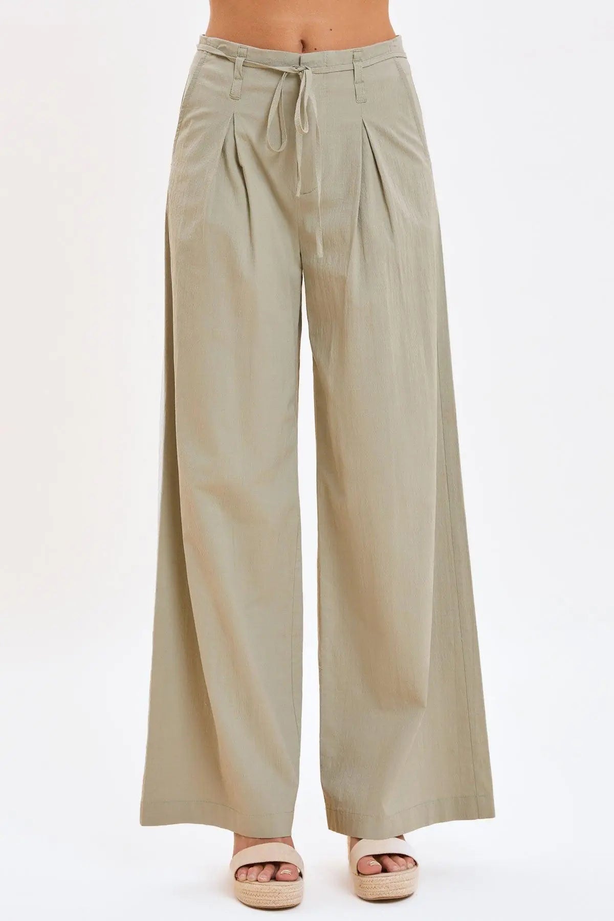 Pleated Front Tie High Waist Wide-Leg Pants