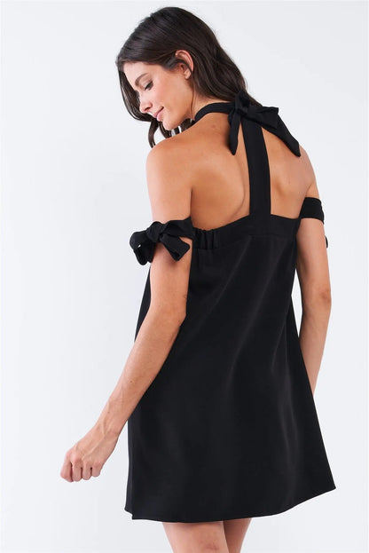 Solid Black Bow Tie T-Silhouette Back Halter Tie Ribbon Tie Sleeve Relaxed Fit Tunic Tube Mini Dress With Elastic Chest Hem /1-2-2-1