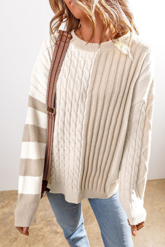 Cable - Knit Color Block Round Neck Sweater - Jaazi International