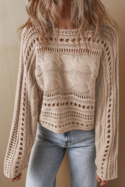 Cable - Knit Openwork Long Sleeve Sweater - Jaazi International