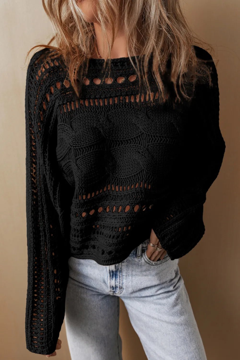 Cable - Knit Openwork Long Sleeve Sweater - Jaazi International