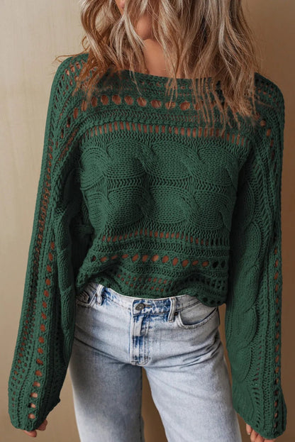 Cable - Knit Openwork Long Sleeve Sweater - Jaazi International