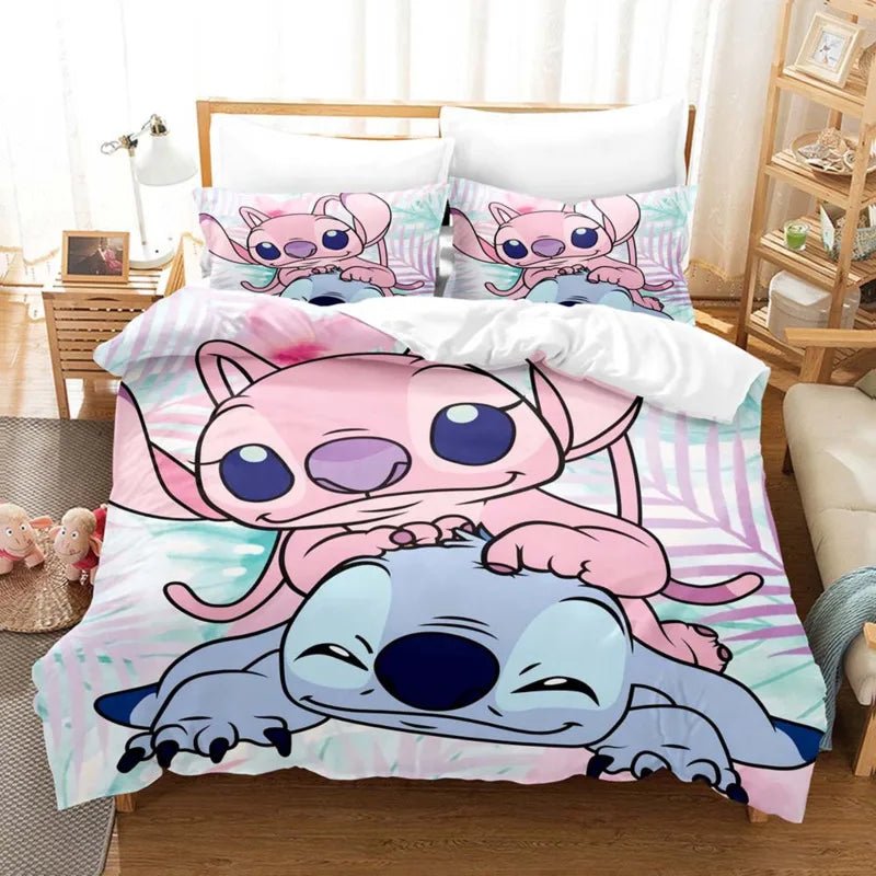 Cartoon Disney Stitch Angel Duvet Cover Set Stitch Post Quilt Cover Pillowcase Bedding Set Kids Adult Comfortable Set Twin King - Jaazi Intl