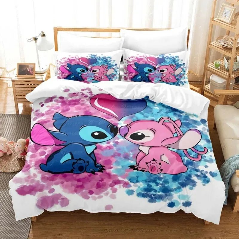 Cartoon Disney Stitch Angel Duvet Cover Set Stitch Post Quilt Cover Pillowcase Bedding Set Kids Adult Comfortable Set Twin King - Jaazi Intl