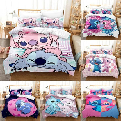 Cartoon Disney Stitch Angel Duvet Cover Set Stitch Post Quilt Cover Pillowcase Bedding Set Kids Adult Comfortable Set Twin King - Jaazi Intl