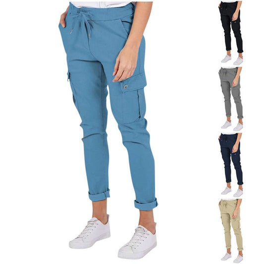 Casual Cargo Pants With Pockets Solid Color Drawstring Waist Pencil Trousers For Women - Jaazi Intl