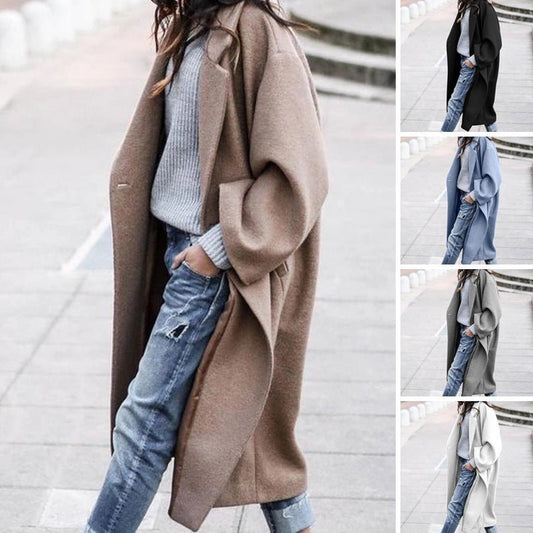 Casual Long Jacket With Pockets Solid Color Single Breasted Lapel Woolen Coat For Women Warm Winter Clothing - Jaazi Intl