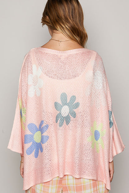 POL Flower Dropped Shoulder Long Sleeve Knit Top