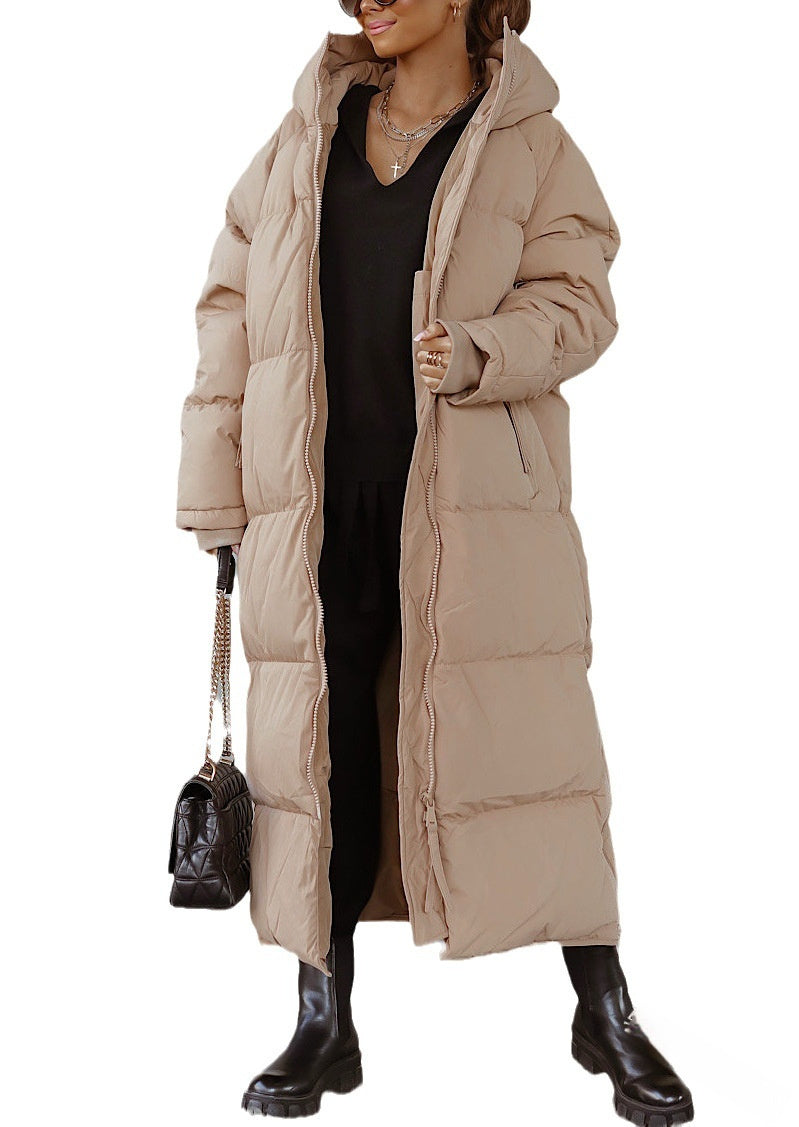 Hooded Solid Color Long Casual Zip Coat