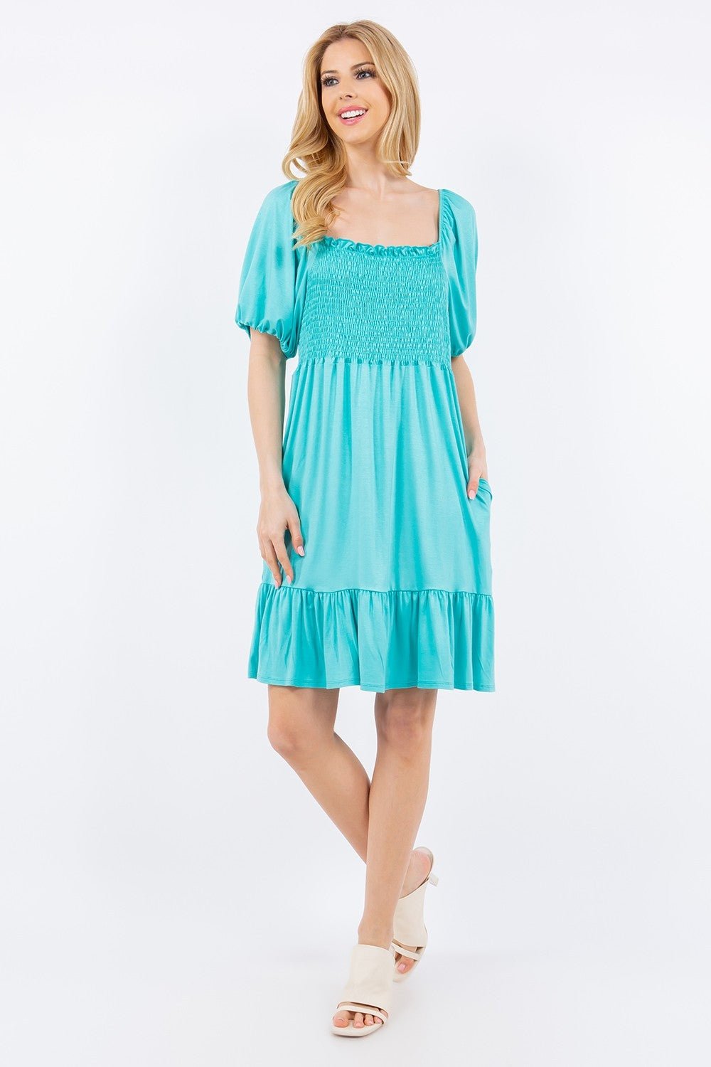Celeste Full Size Ruffle Hem Short Sleeve Smocked Dress - Jaazi Intl