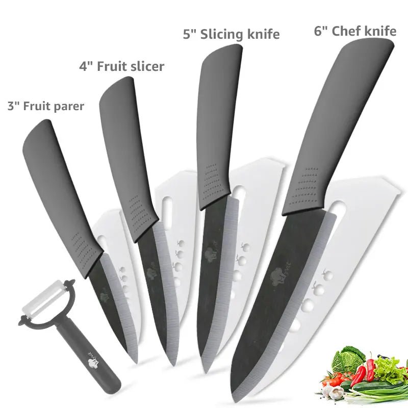 Ceramic Knife Kitchen Knives Set 3 4 5 6 inch +Peeler Zirconia Black Blade Fruit Chef Knife Vege Cooking Tool - Jaazi Intl