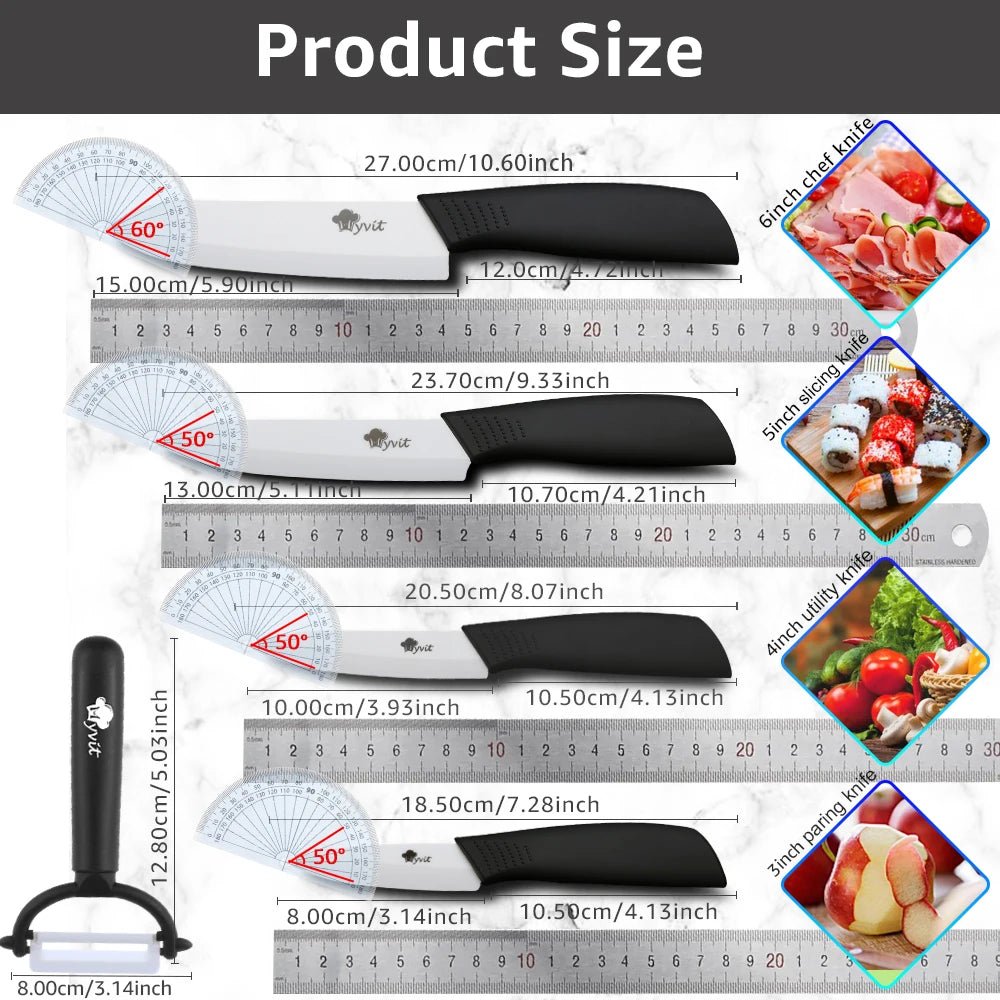 Ceramic Knives Kitchen knives 3 4 5 6 inch Chef knife Cook Set+peeler white zirconia blade Multi-color Handle High Quality - Jaazi Intl