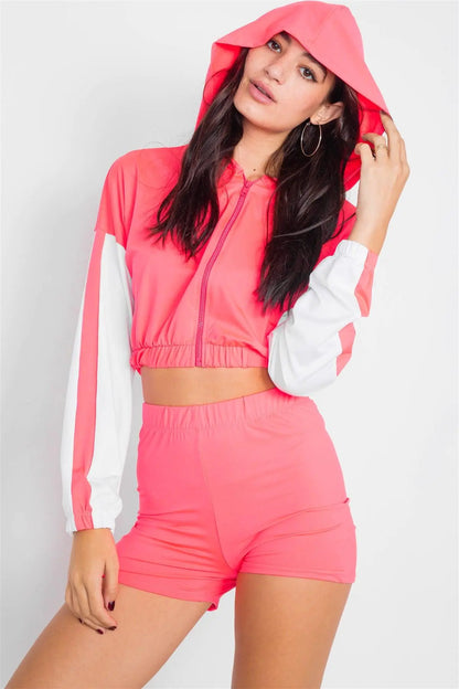 Pink Contrast Trim Zip-Up Hoodie & Biker Short Set  /3-2-1