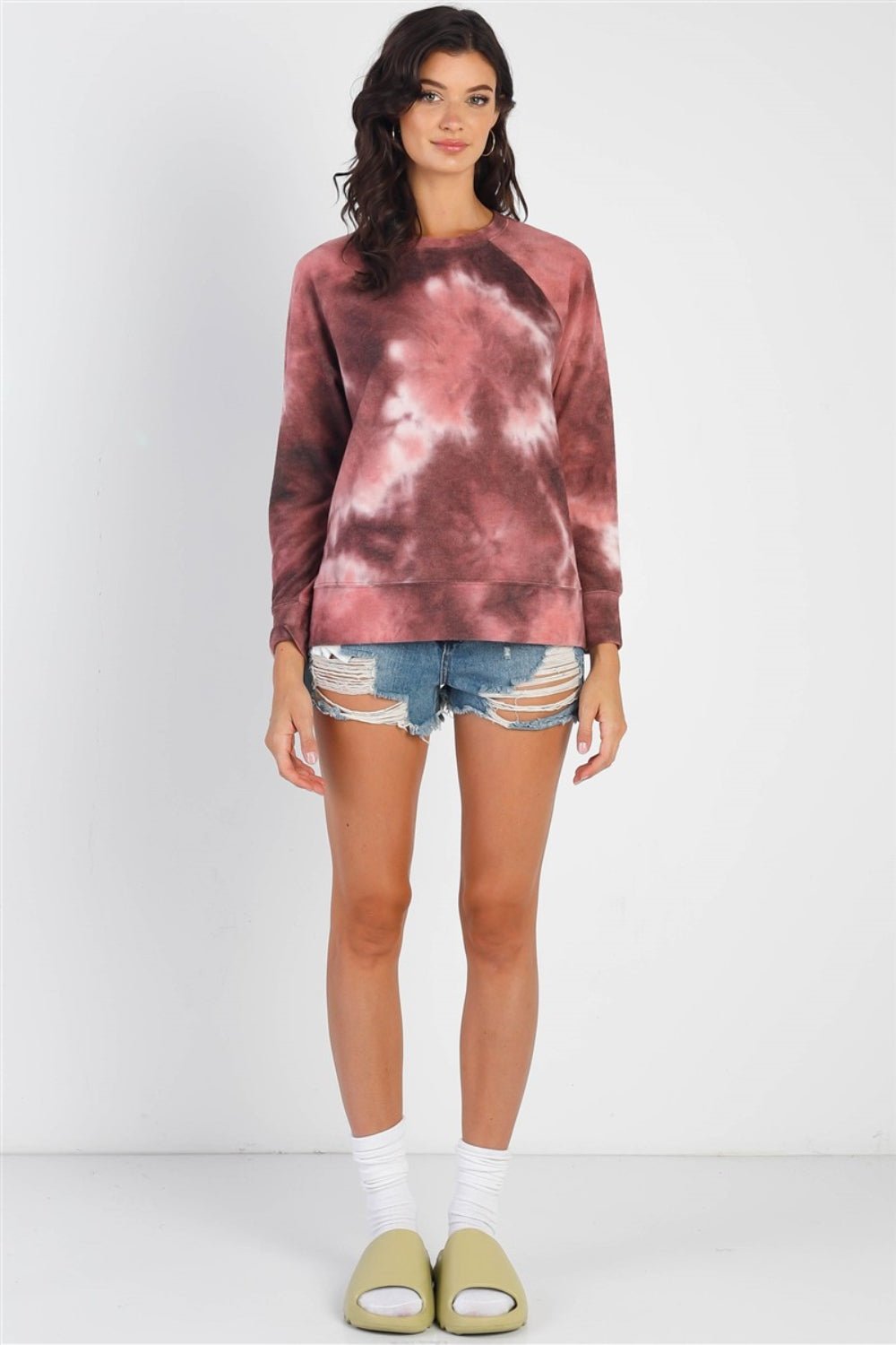 Cherish Apparel Tie-Dye Round Neck Long Sleeve Sweatshirt - Jaazi Intl