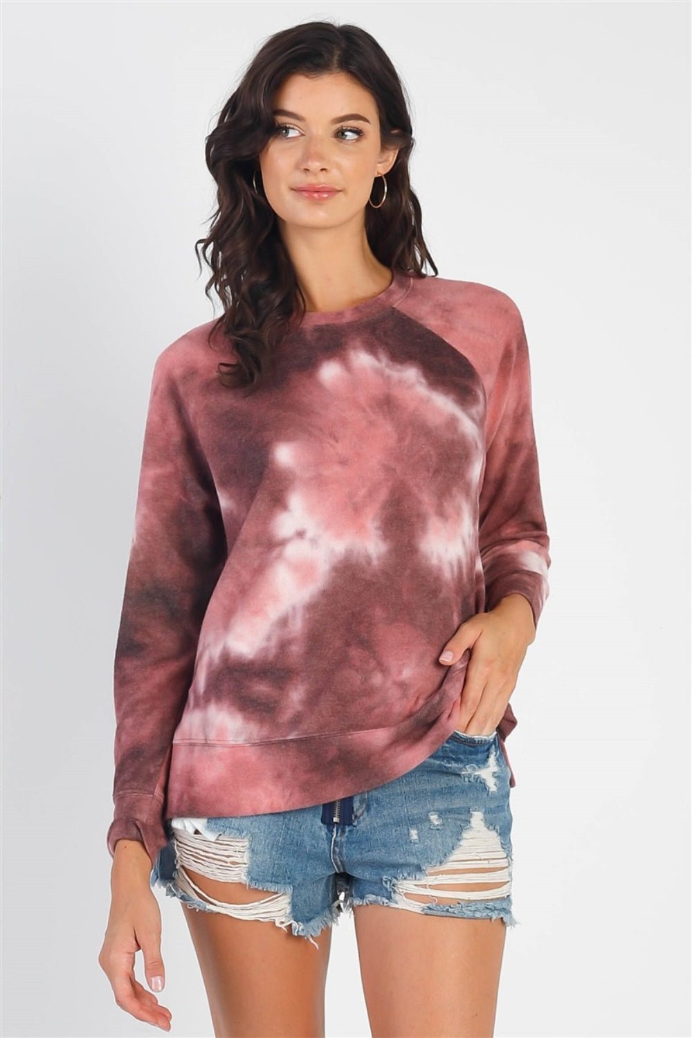 Cherish Apparel Tie-Dye Round Neck Long Sleeve Sweatshirt - Jaazi Intl