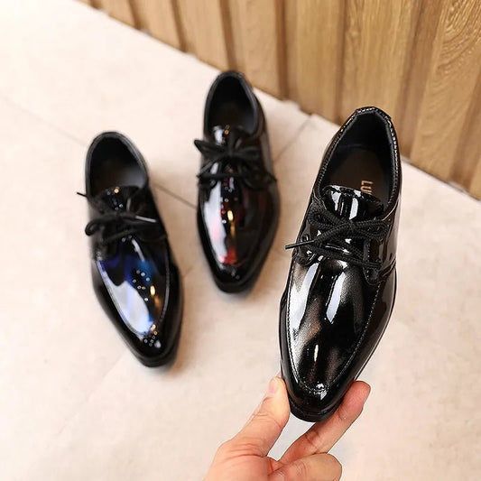 Children Patent Leather Shoes Fashion Pointed Toe Lace Up Boy Shoes Black Casual Dress Flats Comfortable Soft Sole Kids Shoes - Jaazi Intl