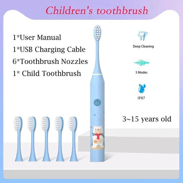 Children Sonic Electric Toothbrush Cartoon Pattern for Kids with Replace The Tooth Brush Head Ultrasonic Toothbrush Soft Nozzles - Jaazi Intl