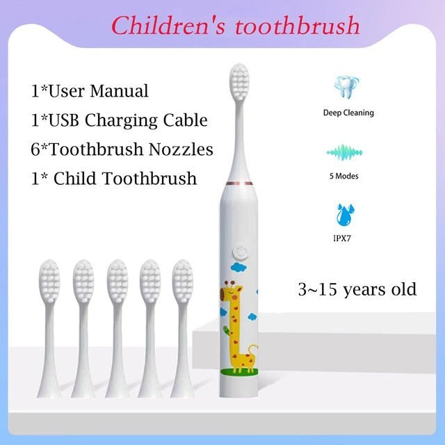 Children Sonic Electric Toothbrush Cartoon Pattern for Kids with Replace The Tooth Brush Head Ultrasonic Toothbrush Soft Nozzles - Jaazi Intl