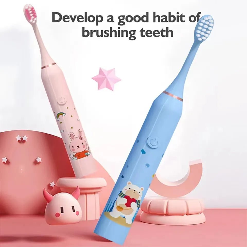 Children Sonic Electric Toothbrush Cartoon Pattern for Kids with Replace The Tooth Brush Head Ultrasonic Toothbrush Soft Nozzles - Jaazi Intl