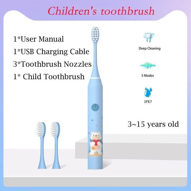 Children Sonic Electric Toothbrush Cartoon Pattern for Kids with Replace The Tooth Brush Head Ultrasonic Toothbrush Soft Nozzles - Jaazi Intl