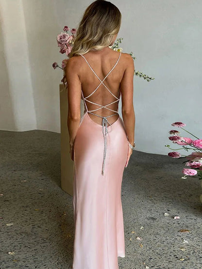 CNYISHE Sexy Split Spaghetti Strap Backless Maxi Dress Women Evening Lace Up Party Dresses Woman Pure Color Prom Clothes Robes - Jaazi Intl