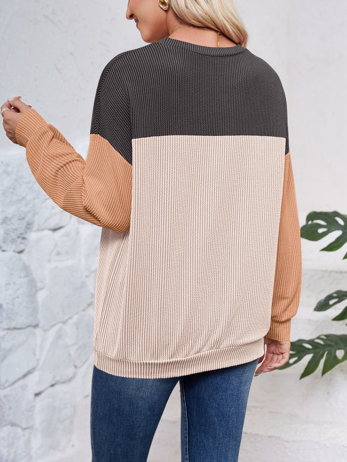 Color Block Round Neck Long Sleeve Sweatshirt - Jaazi Intl