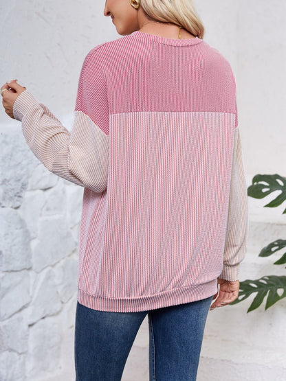 Color Block Round Neck Long Sleeve Sweatshirt - Jaazi Intl