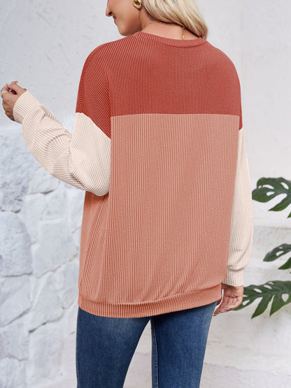 Color Block Round Neck Long Sleeve Sweatshirt - Jaazi Intl