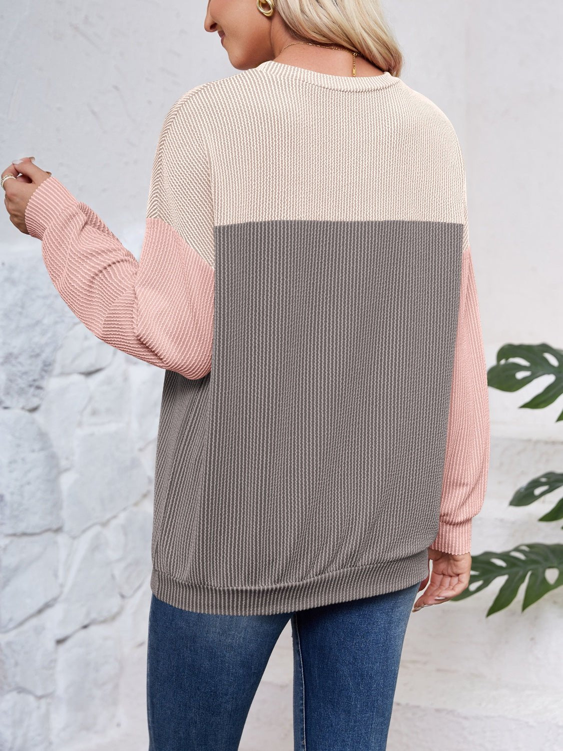 Color Block Round Neck Long Sleeve Sweatshirt - Jaazi Intl