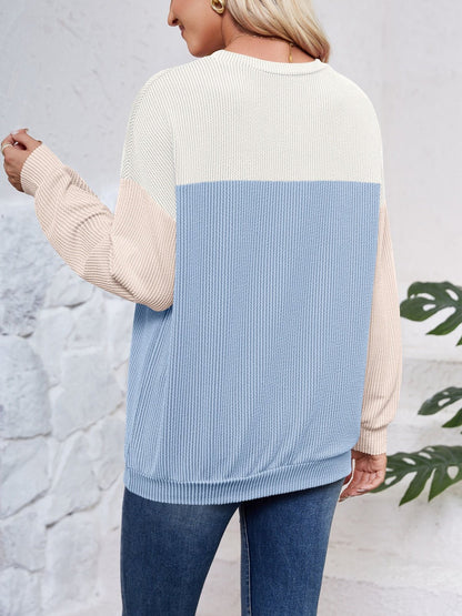 Color Block Round Neck Long Sleeve Sweatshirt - Jaazi Intl