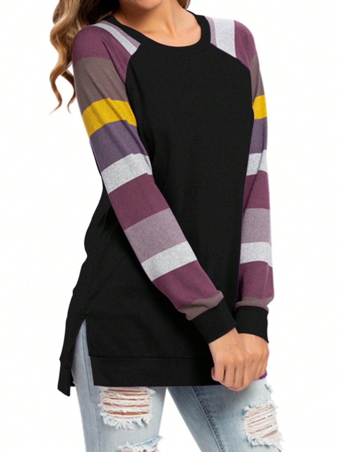 Color Block Round Neck Long Sleeve T - Shirt - Jaazi Intl