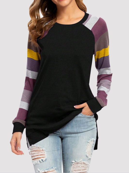 Color Block Round Neck Long Sleeve T - Shirt - Jaazi Intl