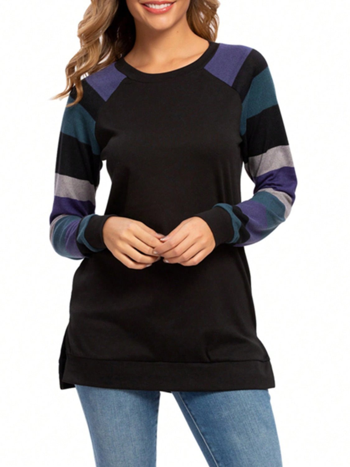 Color Block Round Neck Long Sleeve T - Shirt - Jaazi Intl