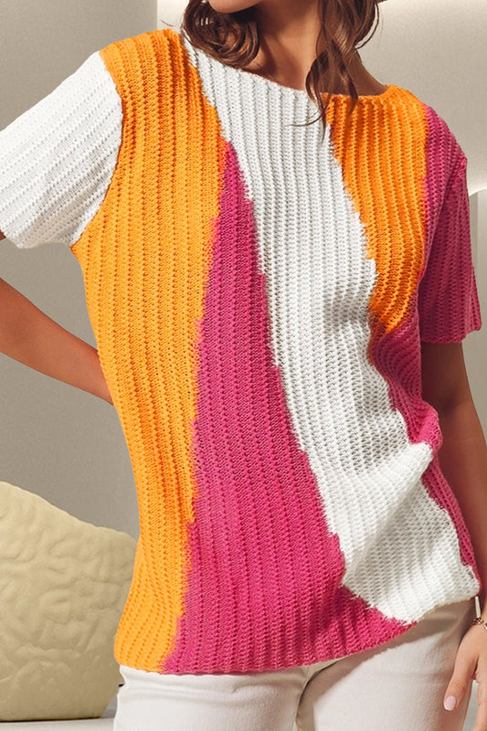 Color Block Round Neck Short Sleeve Knit Top - Jaazi Intl