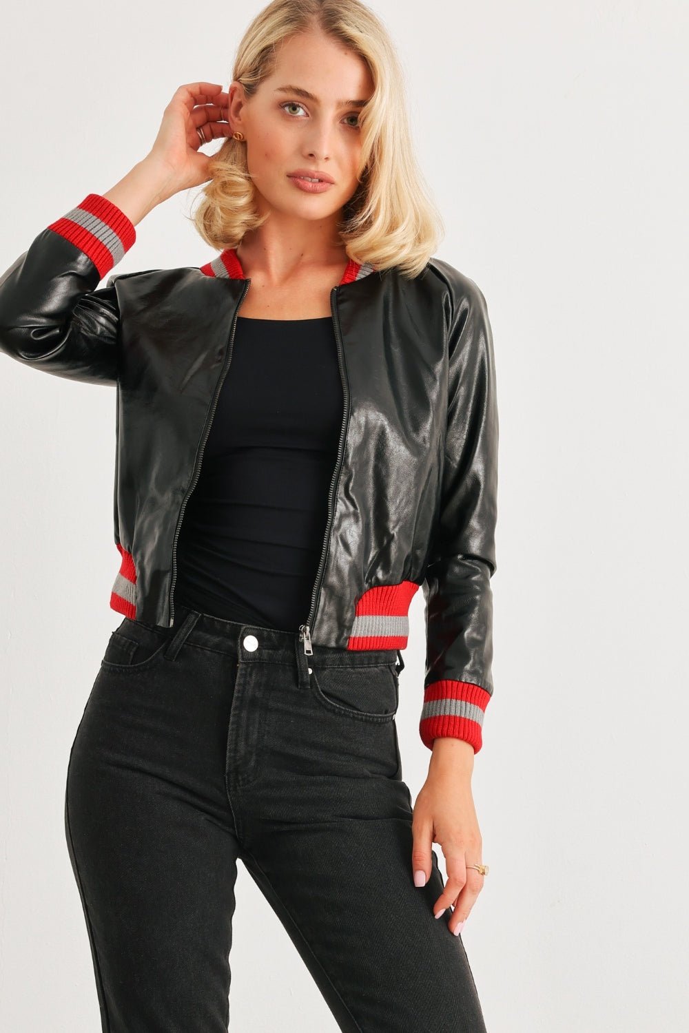 Comme PU Leather Baseball Collar Long Sleeve Jacket - Jaazi Intl