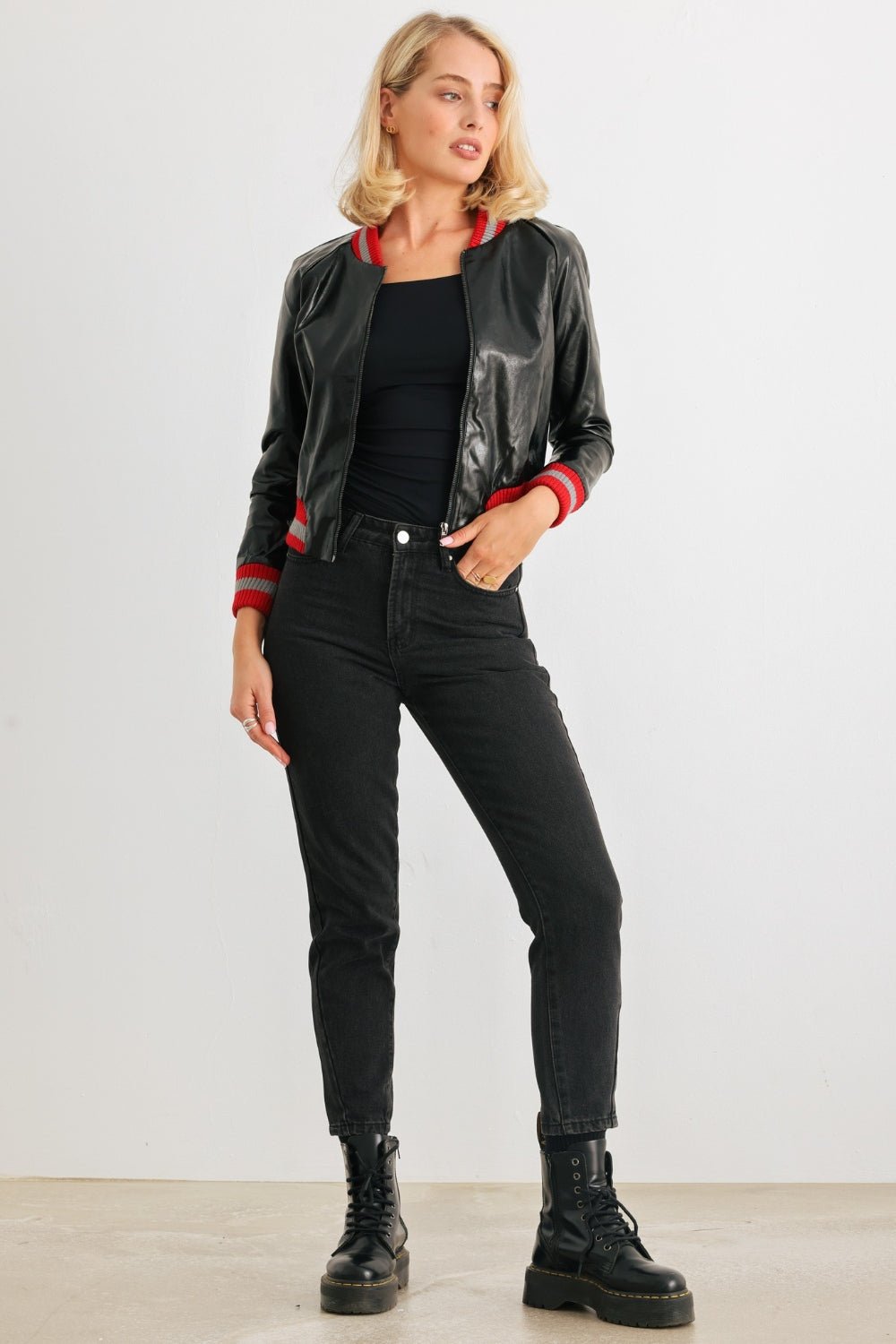 Comme PU Leather Baseball Collar Long Sleeve Jacket - Jaazi Intl