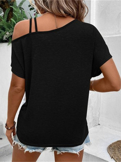 Contrast Asymmetrical Neck Short Sleeve T-Shirt - Jaazi International