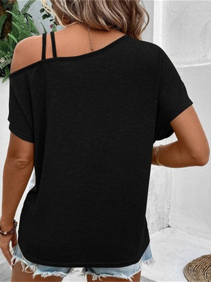 Contrast Asymmetrical Neck Short Sleeve T-Shirt - Jaazi International