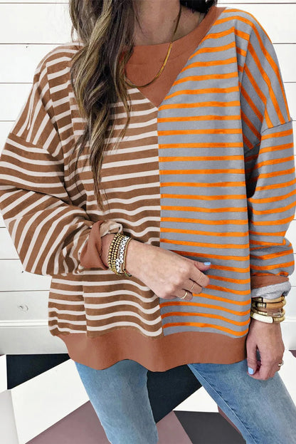 Contrast Stripes Round Neck Long Sleeve Sweatshirt - Jaazi International