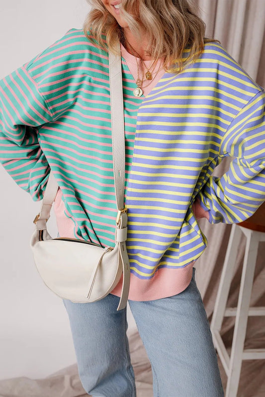 Contrast Stripes Round Neck Long Sleeve Sweatshirt - Jaazi Intl