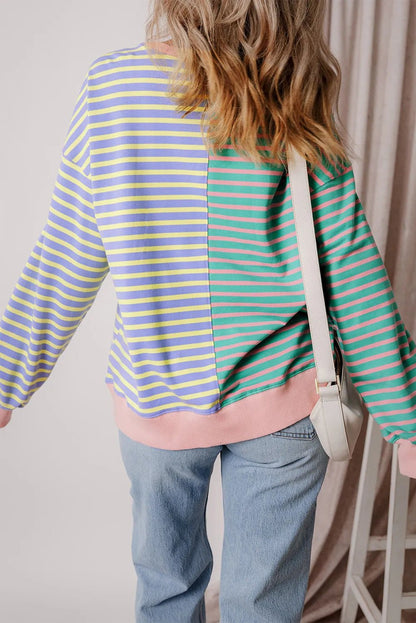 Contrast Stripes Round Neck Long Sleeve Sweatshirt - Jaazi Intl